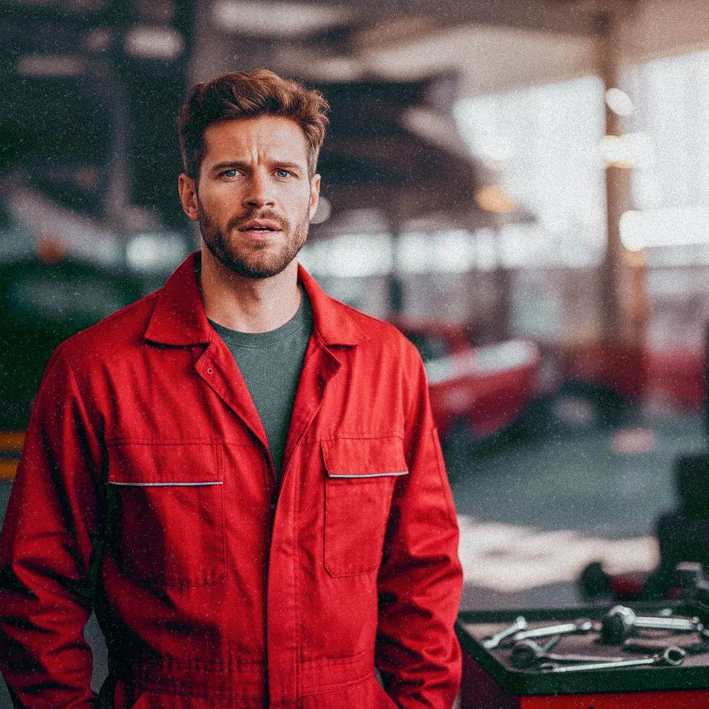 A male car mechanic in a red uniform looking puzzled in a workshop, representing a customer seeking advice about car parts.